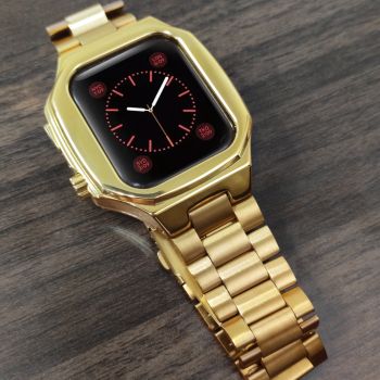 Luxury Design Gold Plated Stainless Steel Watch Protective Case With Watch Band for Apple Watch  7/6/5/4/3/SE Watch Protector for iWatch 38/40/42/44MM