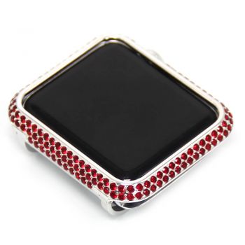 Red rhinestone crystal apple watch bezel case bright silver