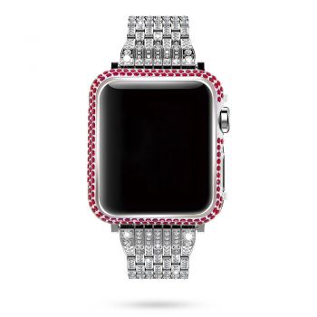 Red rhinestone crystal apple watch bezel case bright silver