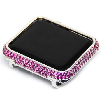 Rose red rhinestone crystal apple watch bezel case silver