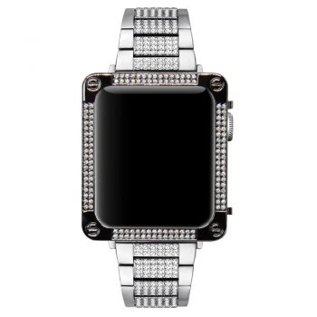 Carbon black alloy white rhinestone square watch case cover