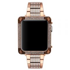 Square rose gold tone metal watch case with neatly diamonds