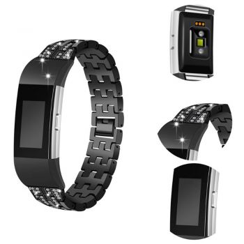 Stainless Strap with Rhinestone for Fitbit Charge 2 black