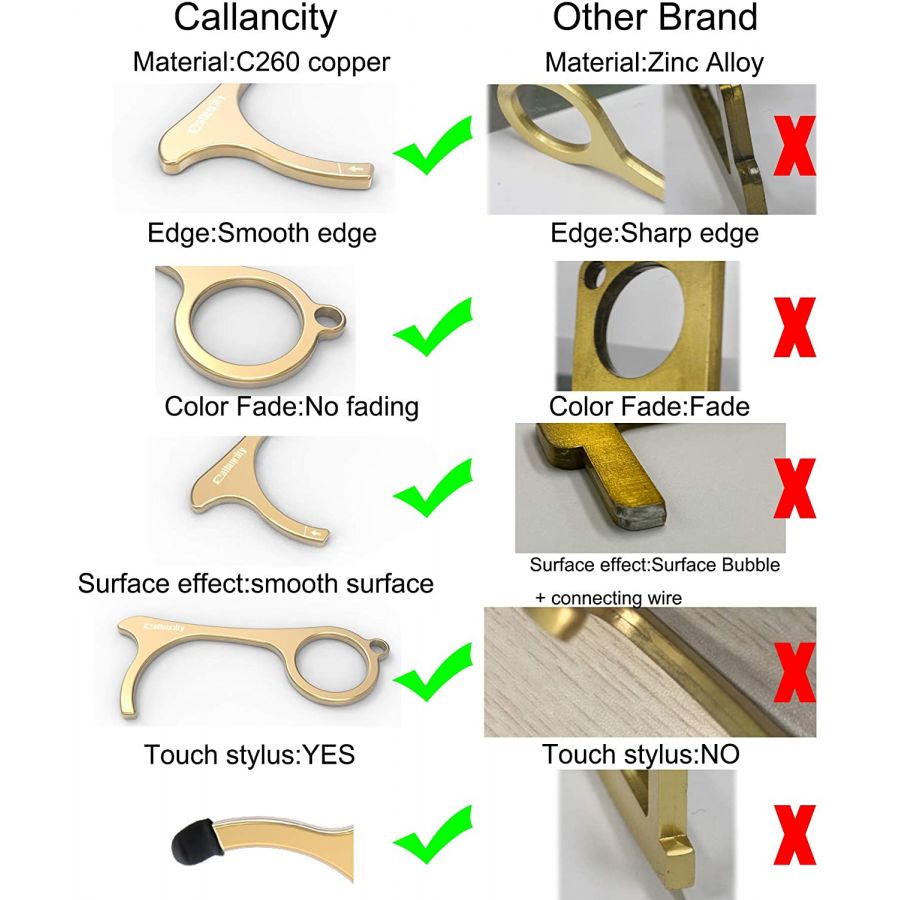 Callancity Contactless Key Handheld Brass No Touch Hand Tool Non-Contact Door Opener with Stylus Touchscreen Button Keychain Tool,Keep Hands Clean,Avoid Direct Touch Tool in The Outside 1