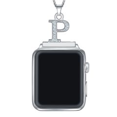  2in1 Zircon Alphabet Letter A-Z Necklace Pendant Watch Connector Adapter Stainless Steel Box Chain Compatible for Watch Series 5/4/3/2/1 