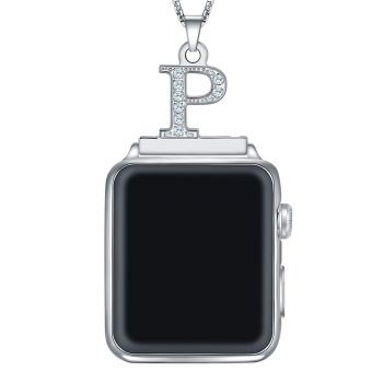  2 in 1 Zircon Alphabet E Letter A-Z Necklace Pendant Watch Connector Adapter Stainless Steel Box Chain Compatible for Smart Watch Series 38/40mm Free Nickel