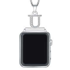 2 in 1 Zircon Letter A-Z Necklace Pendant Watch Connector Adapter Stainless Steel Chain Compatible for 38mm 40mm 42mm 44mm Smart Watch Series 5/4/3/2/1