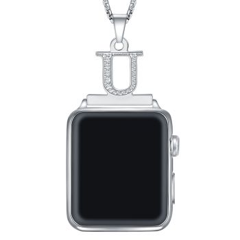 2 in 1 Zircon Letter A-Z Necklace Pendant Watch Connector Adapter Stainless Steel Chain Compatible for 38mm 40mm 42mm 44mm Smart Watch Series 5/4/3/2/1