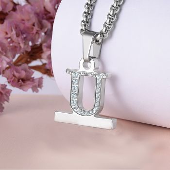 2 in 1 Zircon Letter A-Z Necklace Pendant Watch Connector Adapter Stainless Steel Chain Compatible for 38mm 40mm 42mm 44mm Smart Watch Series 5/4/3/2/1