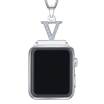 2 in 1 Zircon Letter A-Z Necklace Pendant Watch Connector Adapter Stainless Steel Chain Compatible for 38mm 40mm 42mm 44mm Smart Watch Series 5/4/3/2/1