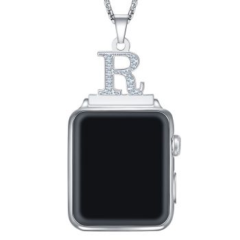 2 in 1 Zircon Letter A-Z Necklace Pendant Watch Connector Adapter Stainless Steel Chain Compatible for 38mm 40mm 42mm 44mm Smart Watch Series 5/4/3/2/1