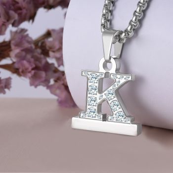 Callancity 2in1 Zircon Alphabet Letter A-Z Necklace Pendant Watch Connector Adapter Stainless Steel Box Chain Compatible for Watch Series 5/4/3/2/1