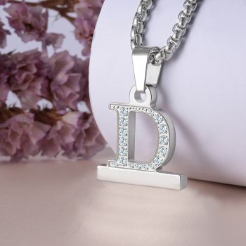 2in1 Zircon Alphabet Letter A-Z Necklace Pendant Watch Connector Adapter Stainless Steel Box Chain Compatible for Watch Series 5/4/3/2/1 42mm 44mm (D) 