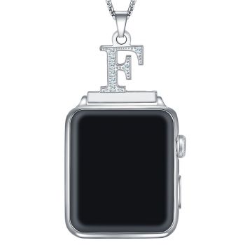 2 in 1 Zircon Alphabet E Letter A-Z Necklace Pendant Watch Connector Adapter Stainless Steel Box Chain Compatible for Apple Watch Series 38/40mm Free Nickel