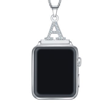 Crystal Diamond Alphabet Letter A-Z Necklace Pendant Watch Connector Adapter 2 in 1 Stainless Steel Platinum Plated Box Chain Compatible with Apple Watch 