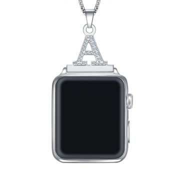 Crystal Diamond Alphabet Letter A-Z Necklace Pendant Watch Connector Adapter 2 in 1 Stainless Steel Platinum Plated Box Chain Compatible with Apple Watch